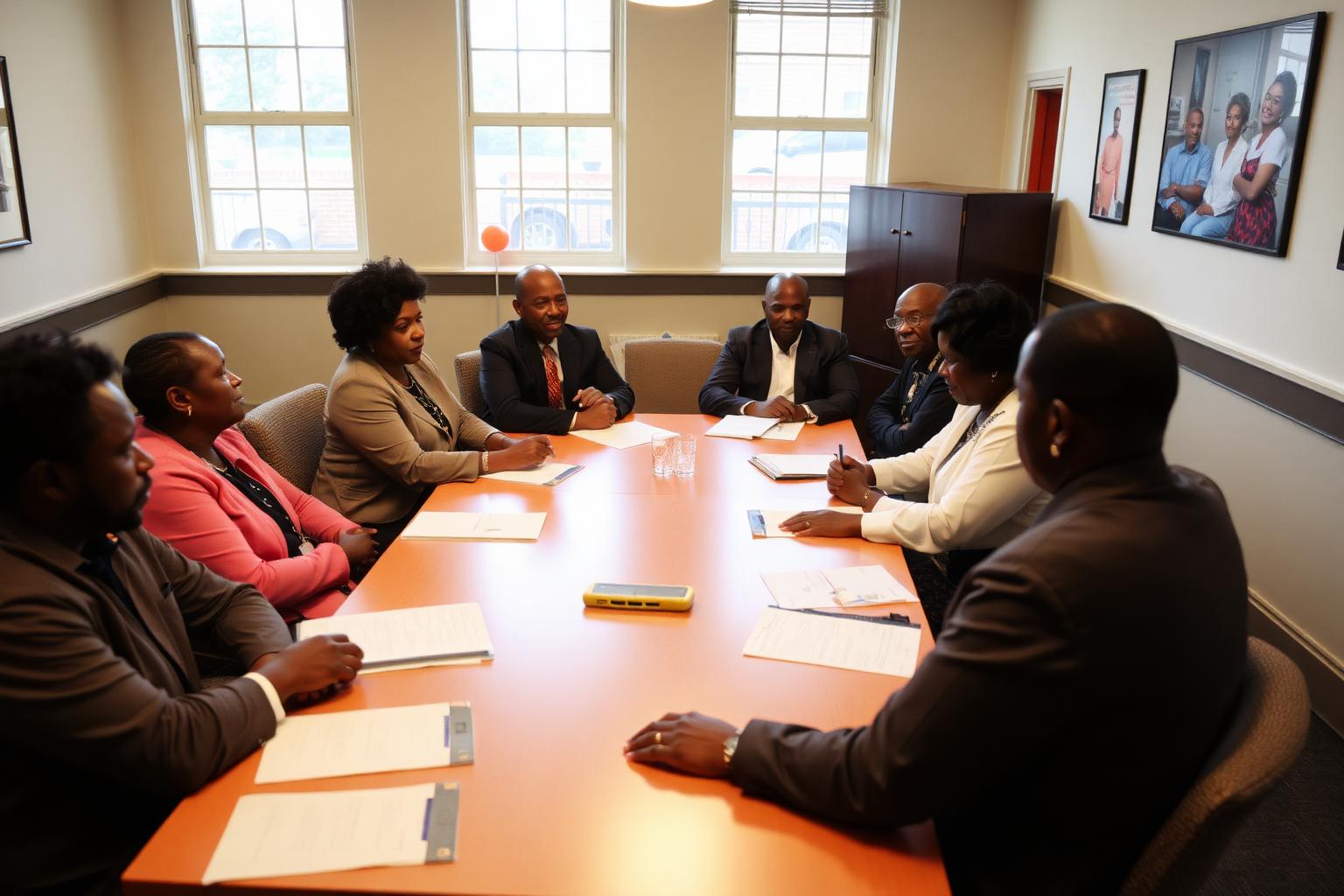 THA leaders and commissioners around a table during a board meeting