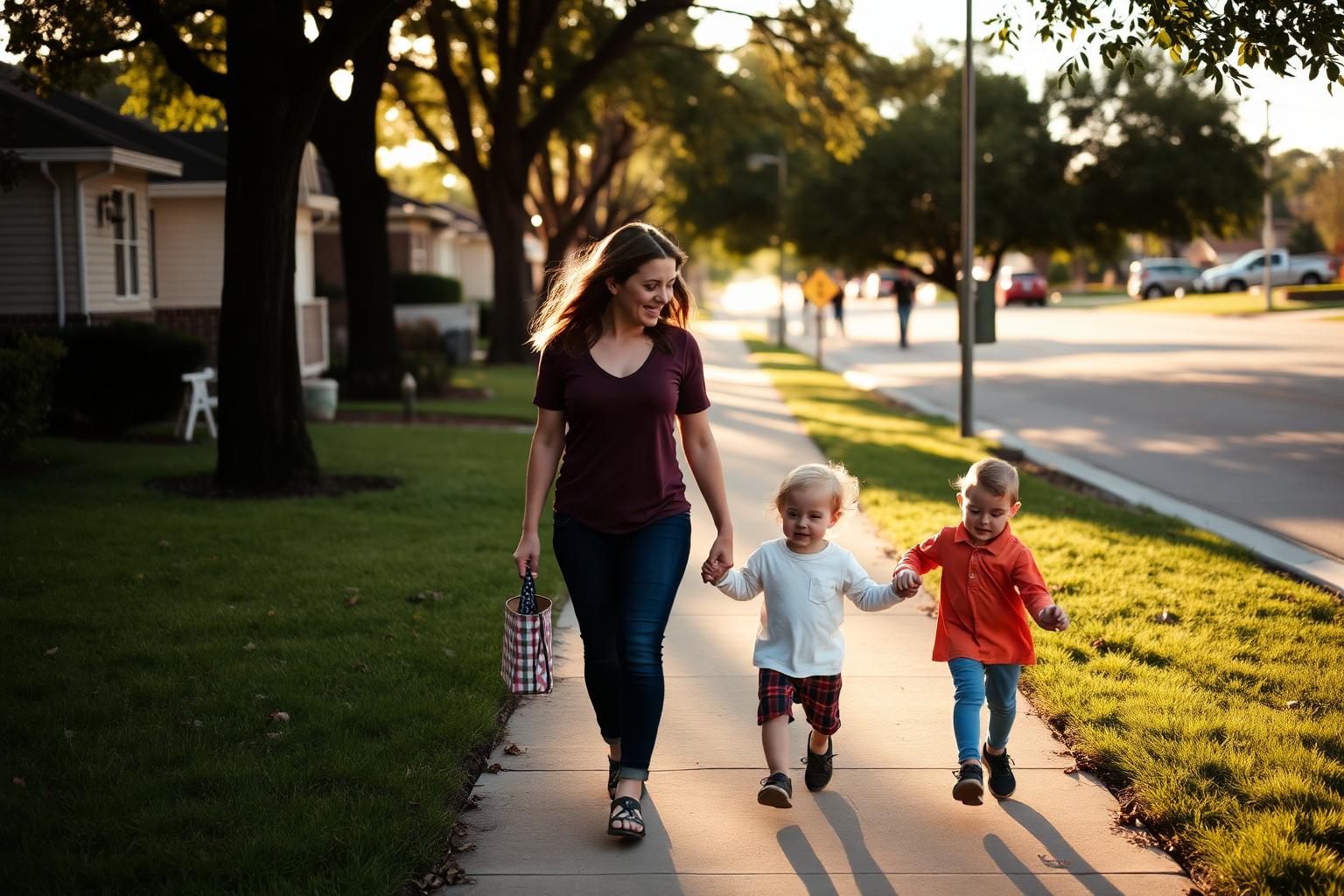 A mother and her two children laughing together on the front steps of their home