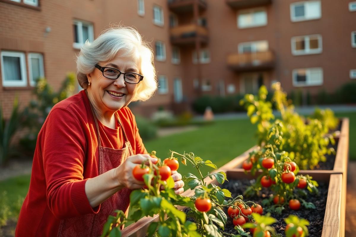 A senior resident smiling while picking tomatoes in a raised community garden bed