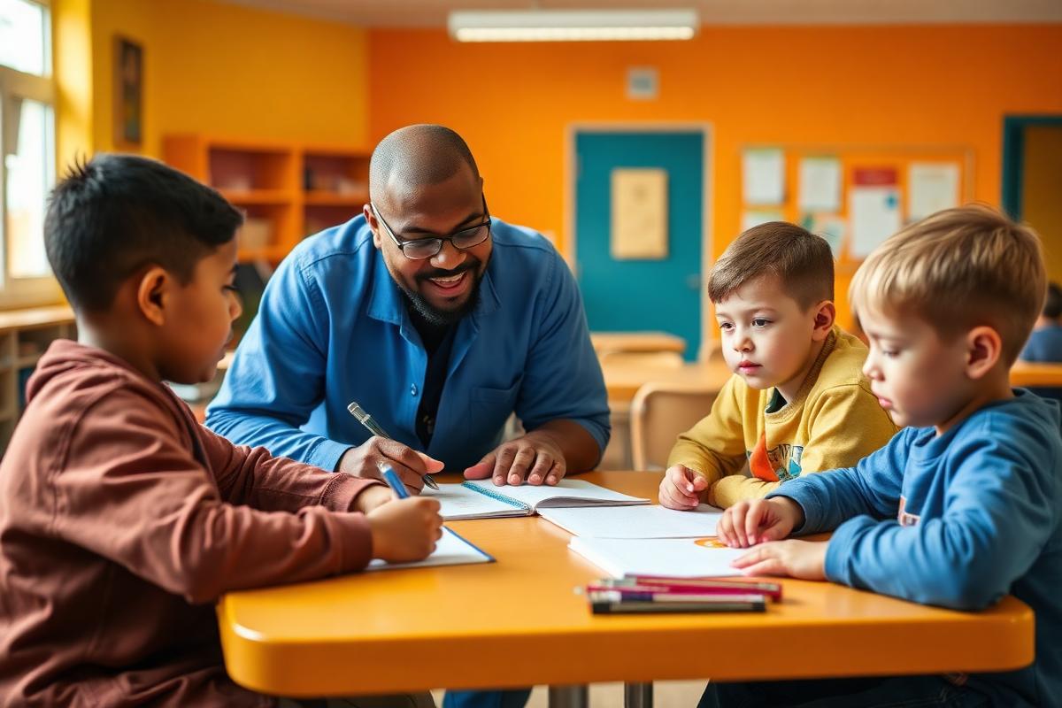 Children and a coordinator working together inside a Resource Rec Center