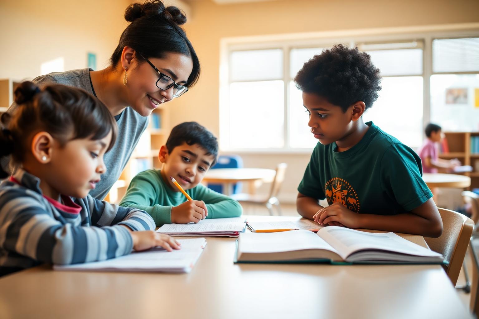 Children reading and doing homework with a tutor at an after-school resource center