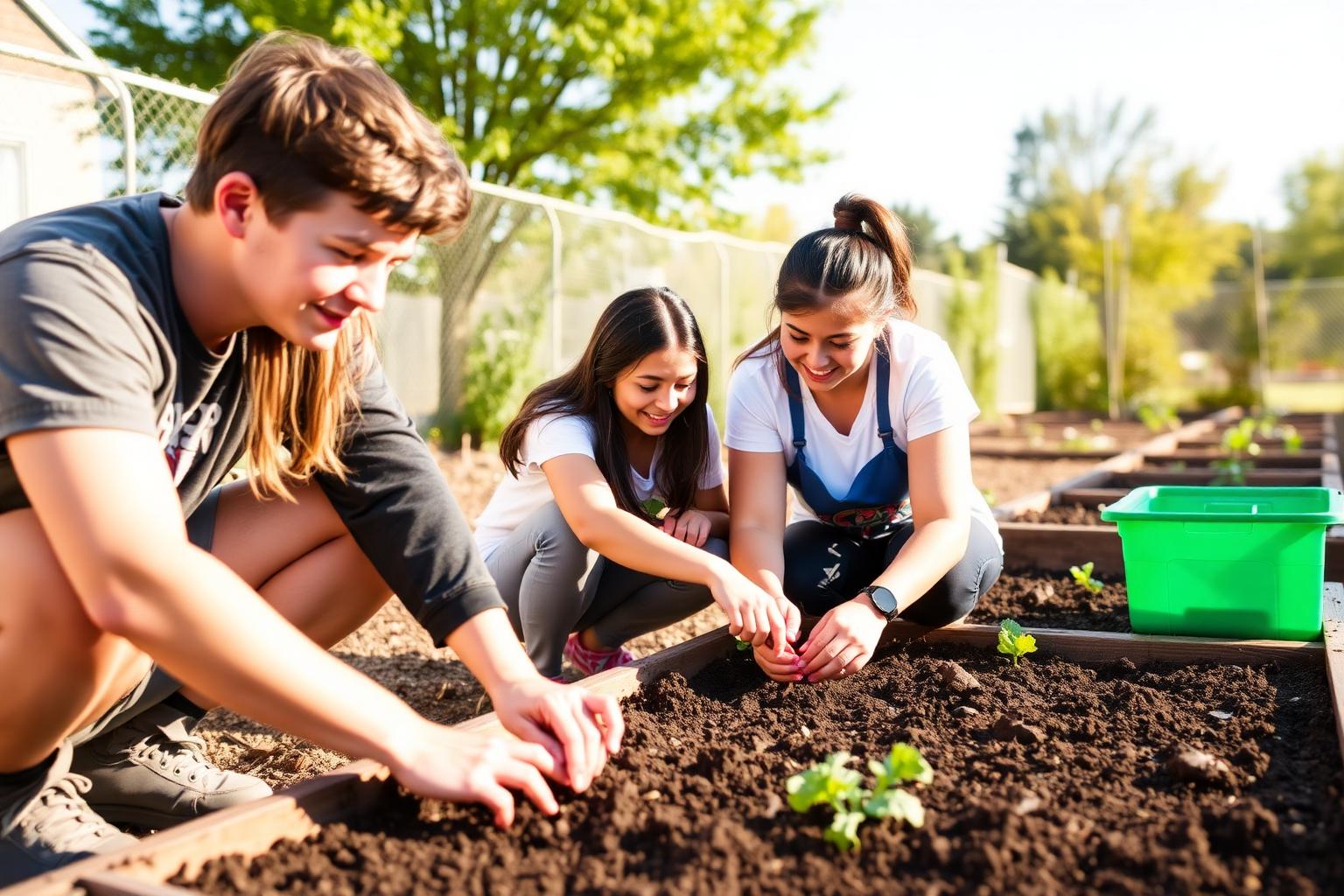 A grandmother and two grandchildren watering tomato plants in a community garden