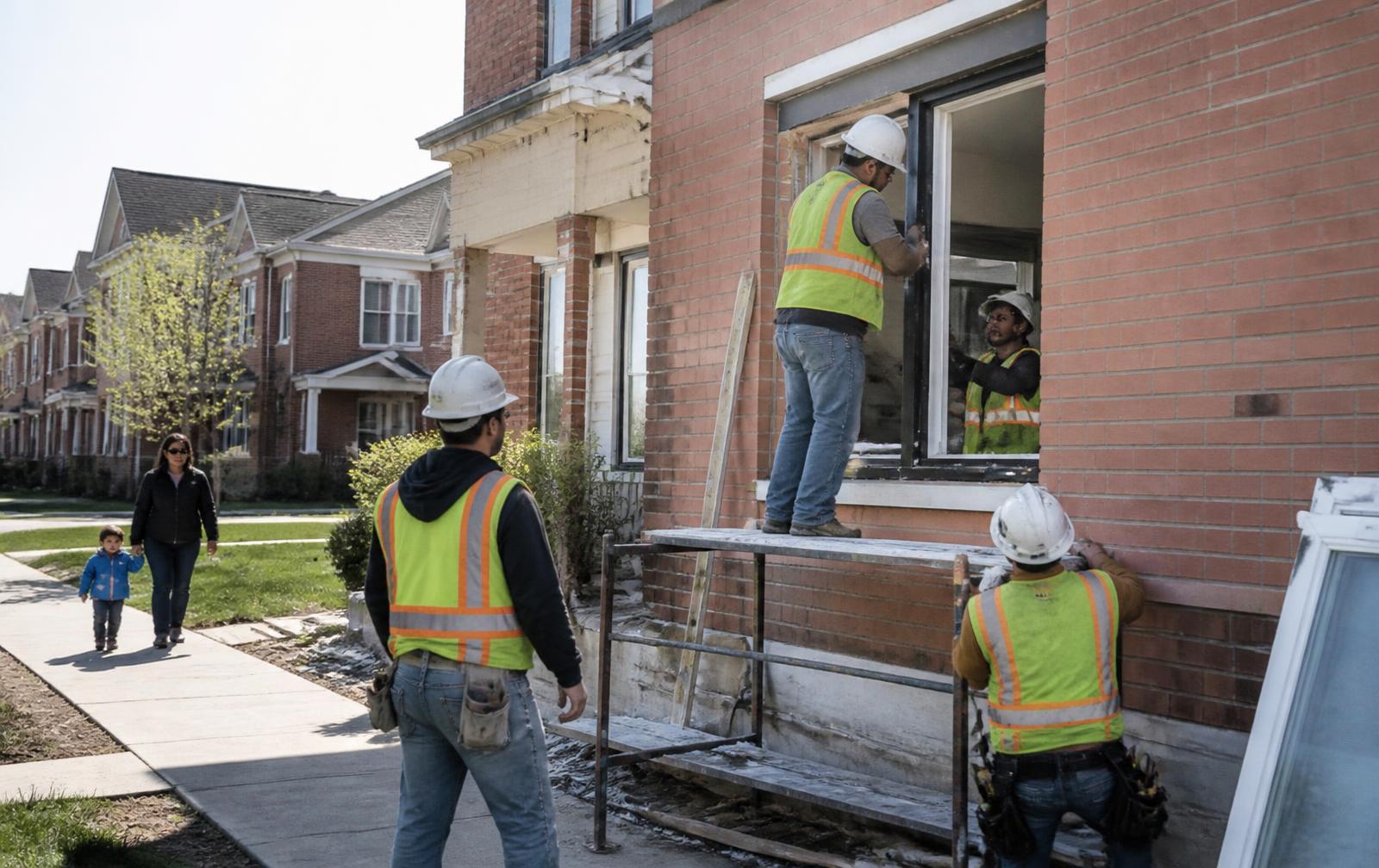 A construction crew renovating an apartment building exterior