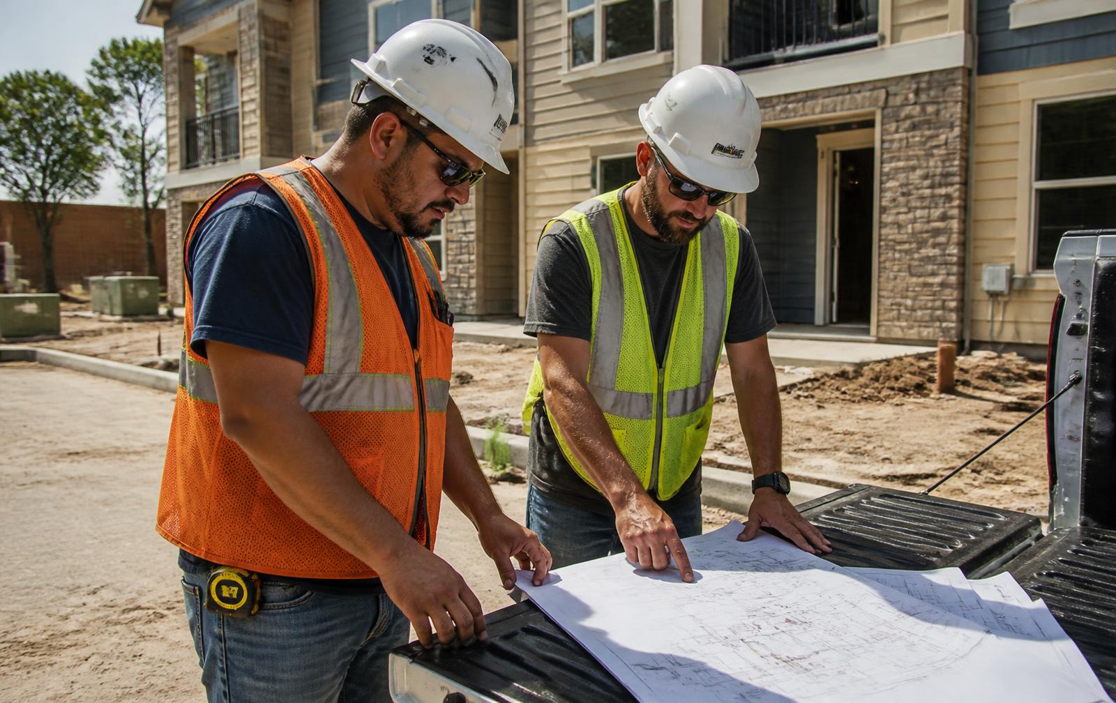Two contractors in hard hats reviewing building plans at an apartment construction site