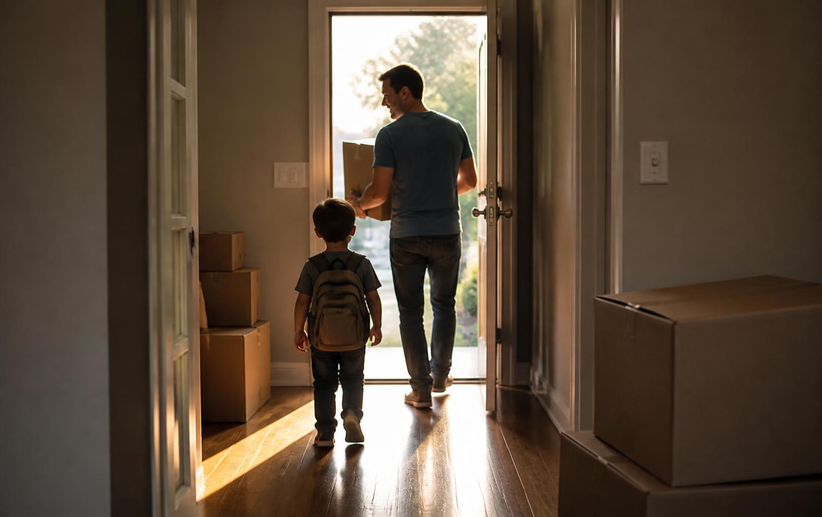 Parents and children carrying boxes into a newly leased apartment