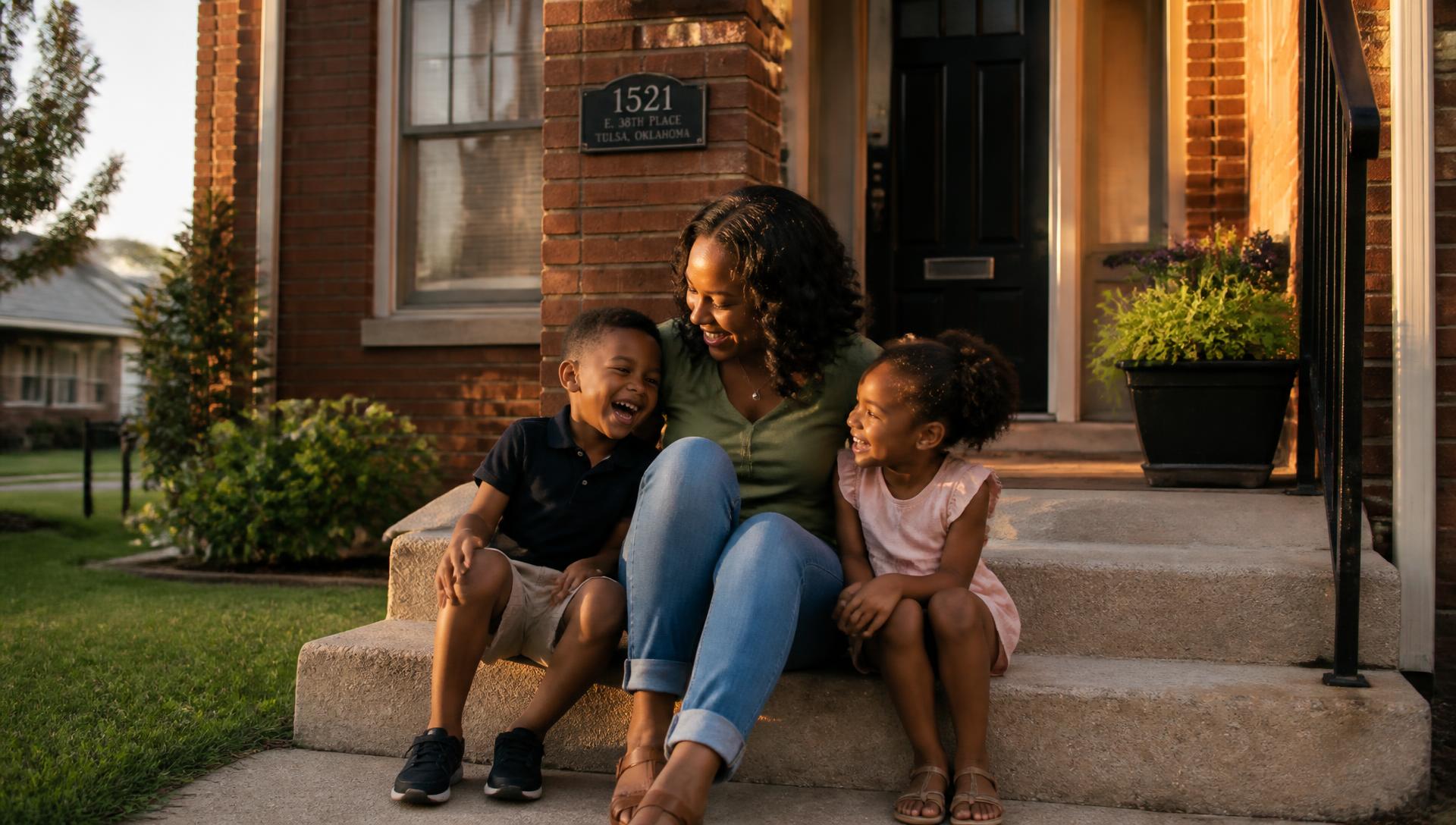 A mother and her two young children laughing together on the front steps of their Tulsa home