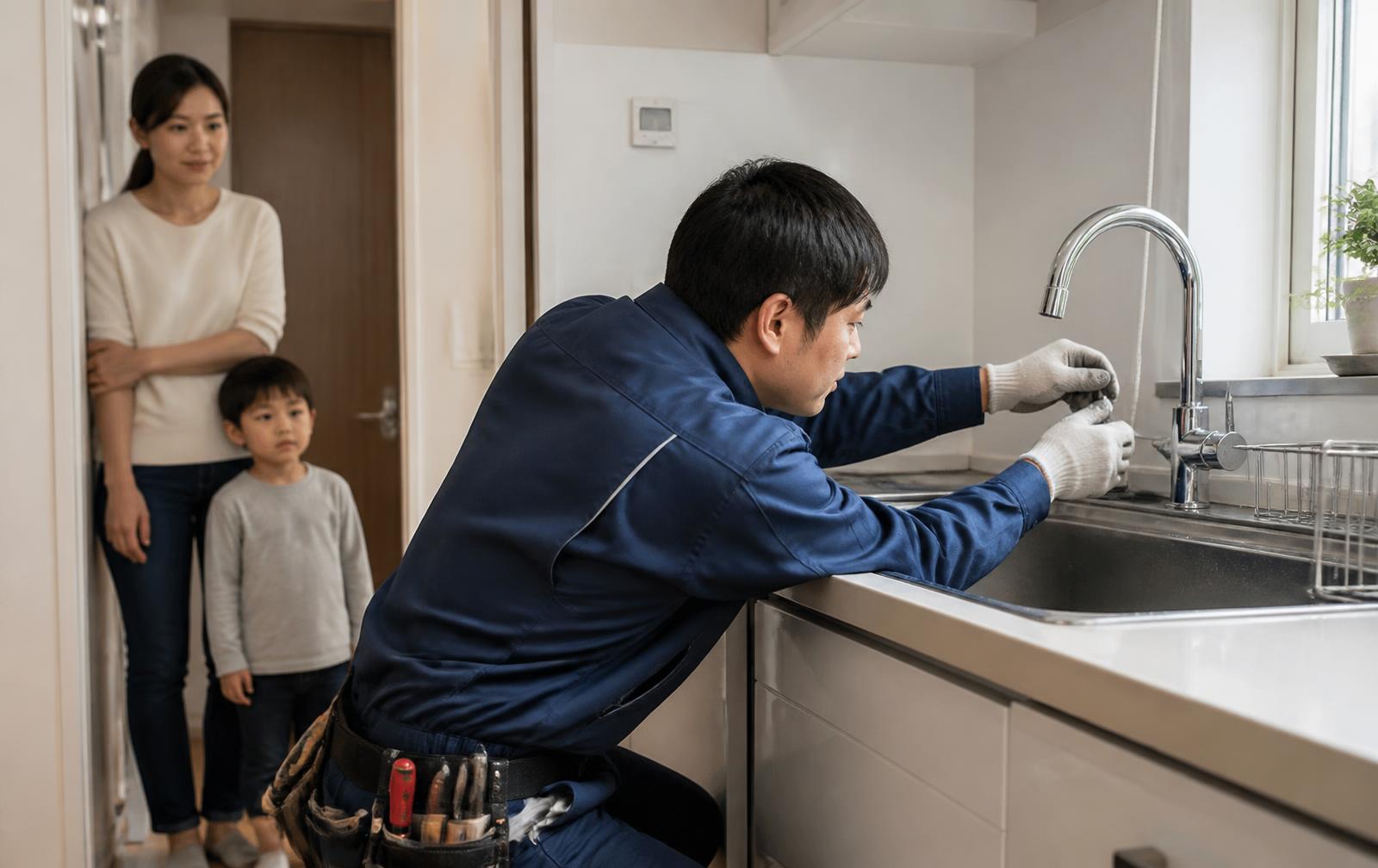A maintenance technician repairing a kitchen faucet while a resident and her child watch from the doorway