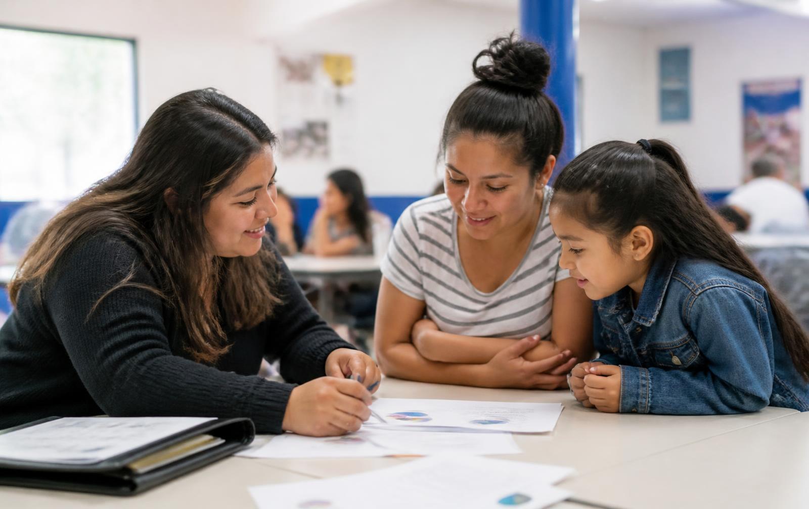 A program coordinator reviewing a goals worksheet with a mother and her daughter